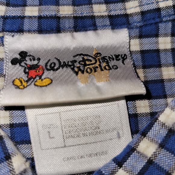 Walt Disney World Short Sleeve Button Down Men's Size Large Plaid Blue Beige - Picture 3 of 7